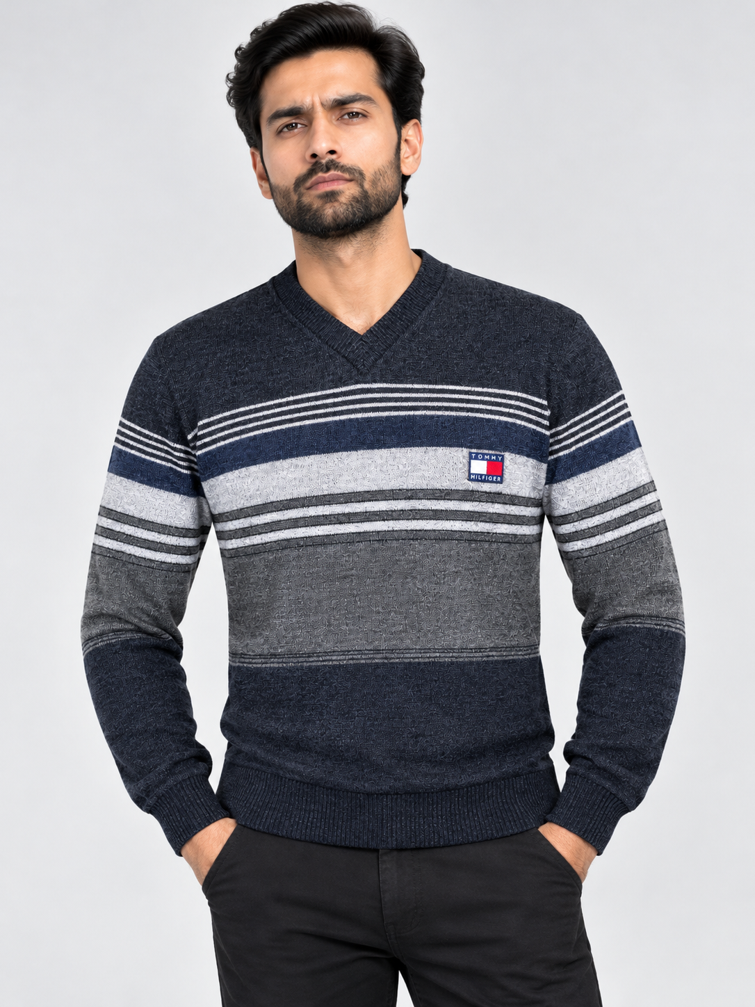 Charcoal & Navy Blue Striped V-Neck Knit Sweater