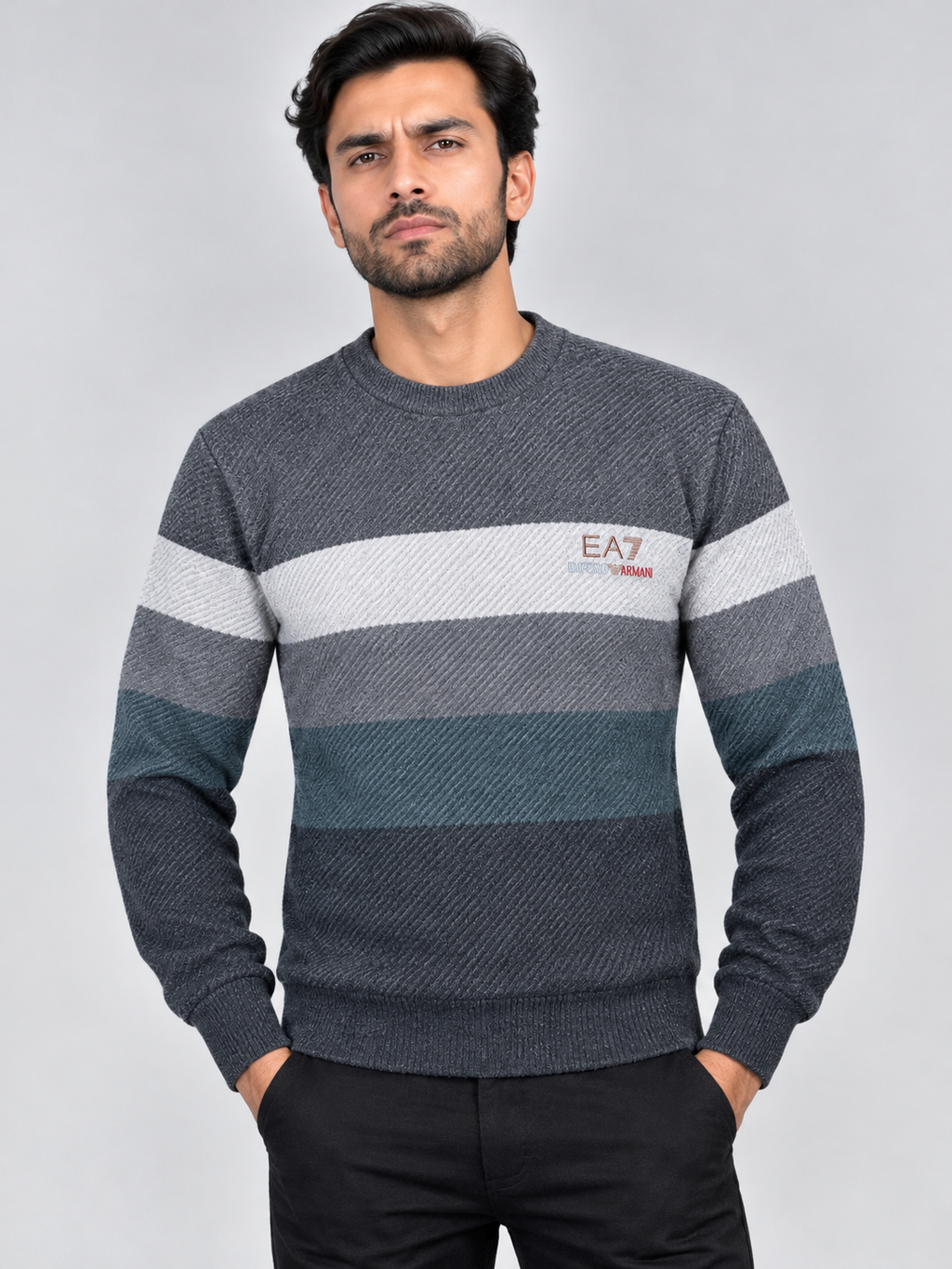 Textured Colorblock Knit Sweater – Charcoal Grey & Teal