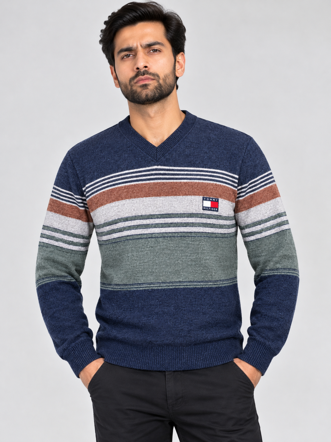 Navy Blue & Sage Green Striped V-Neck Sweater