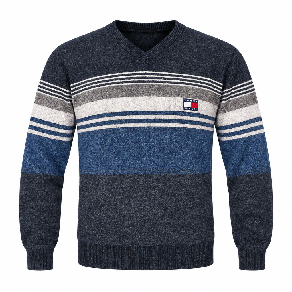 Navy Blue & Grey Striped V-Neck Knit Sweater