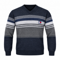 Charcoal & Navy Blue Striped V-Neck Knit Sweater