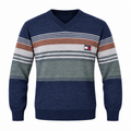 Navy Blue & Sage Green Striped V-Neck Sweater