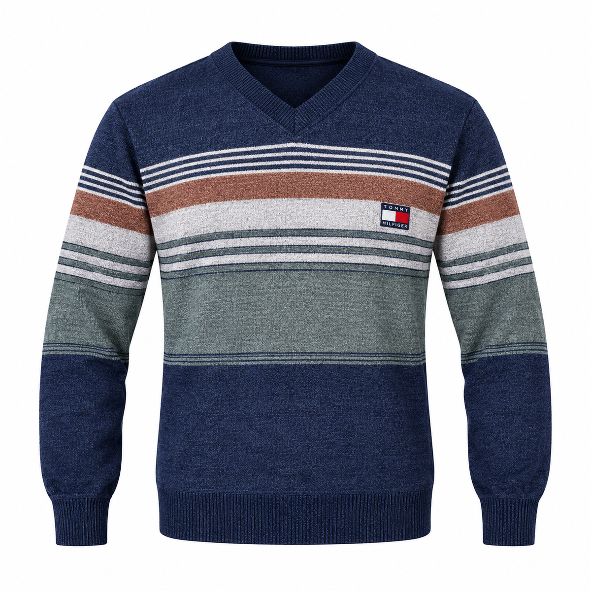 Navy Blue & Sage Green Striped V-Neck Sweater