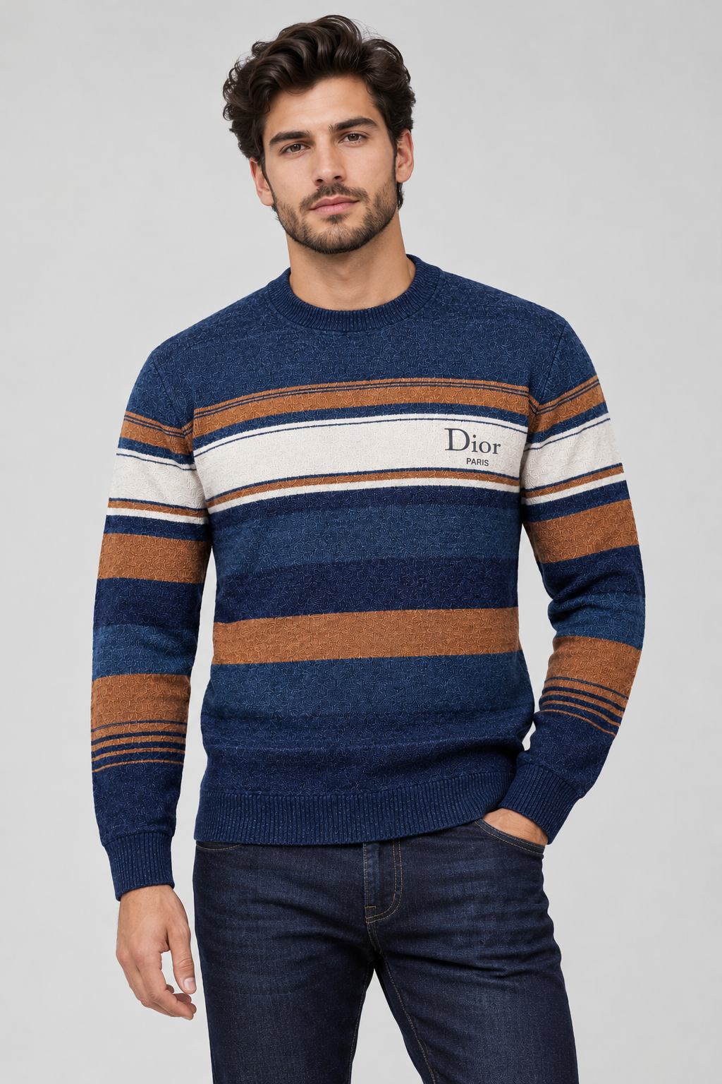 NAVY BLUE STRIPED KNIT SWEATER – RUST & CREAM CREWNECK