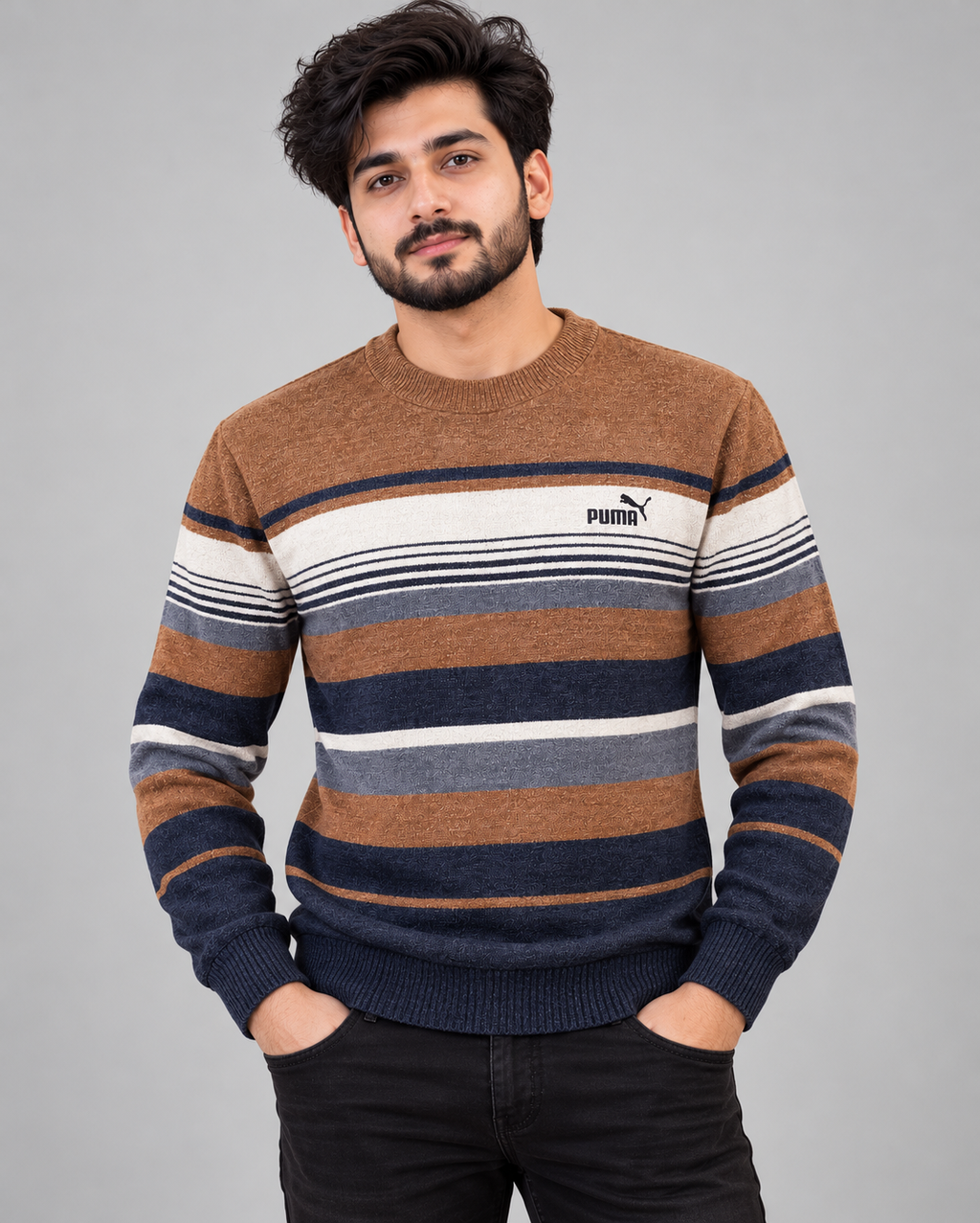 Colorblock Striped Knit Sweater – Camel & Navy