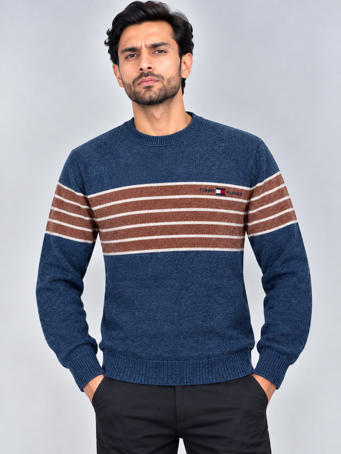 Navy Blue & Brown Striped Knit Sweater